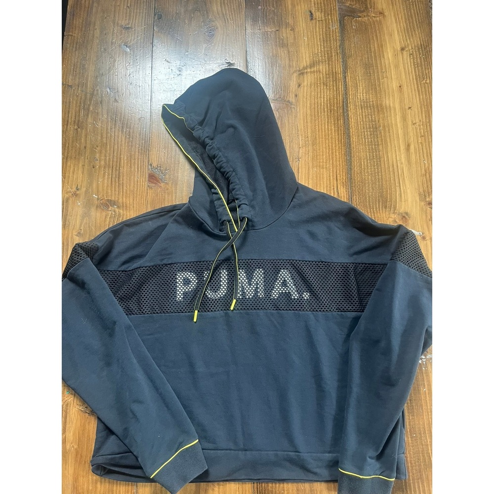 Puma Womens XL Black Mesh Logo Hoodie Neon Yellow Accents Activewear Pullover